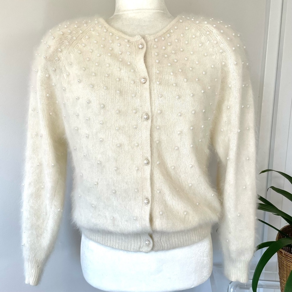 1990’s Angora with pearl detail cardigan sweater by Adrienne Vittadini